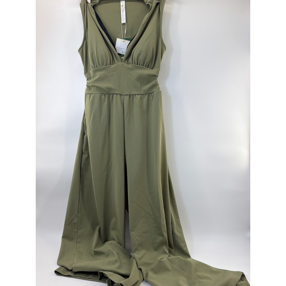 Halara V Neck Wide Leg Jumpsuit Olive Green Tall Large NWT 02772425